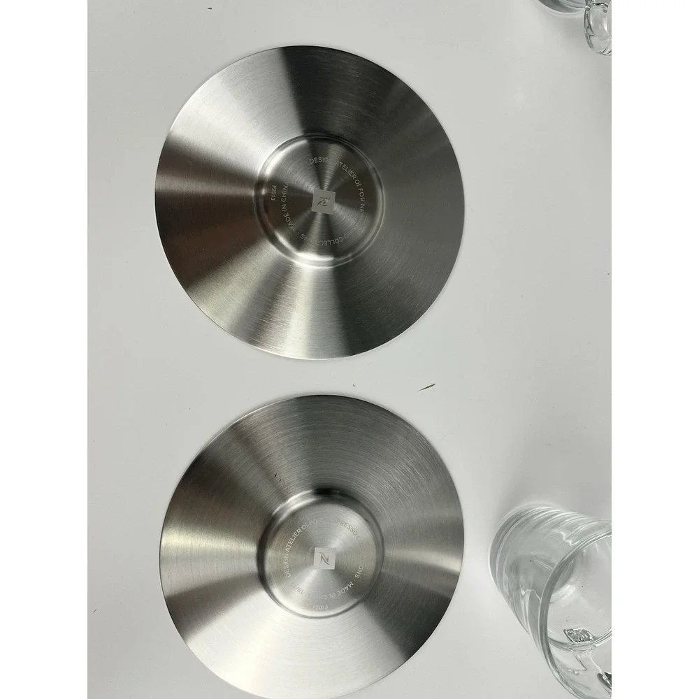 Nespresso VIEW Glass Espresso Cups Stainless Steel Saucers NEW Set of 2
